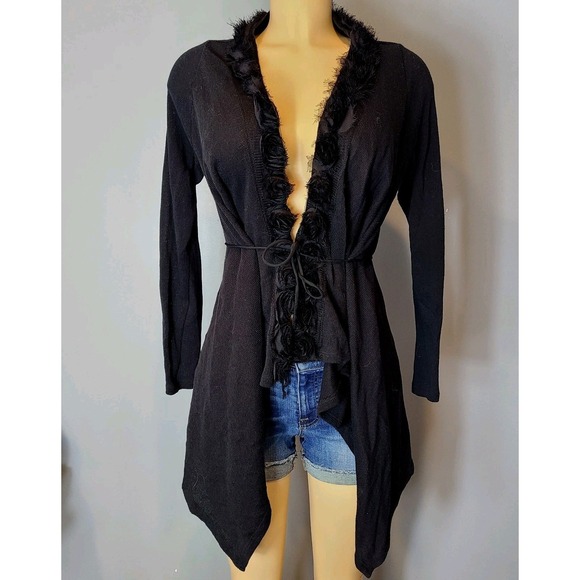 Rampage Sweaters - Vtg Y2K Rampage Cardi Sweater Women XS Black Tie Front Buffy Goth Rose Romance